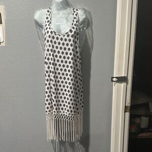 Reborn J White and Blue Patterned Mini Dress with Fringe